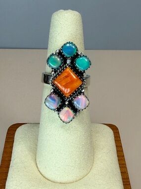 Southwestern 925 Sterling Spiny Oyster Australian Opal Statement Ring